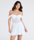 Feel confident and photo-ready in the Sheer Fave Chiffon Cold-Shoulder Corset Skater Dress, a off-white graduation dress perfect for 2025 ceremonies and parties.