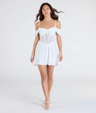 Make a bold statement in the Sheer Fave Chiffon Cold-Shoulder Corset Skater Dress in off-white, the perfect spring dress for weddings, cocktail hours, nights out, and/or seasonal celebrations.