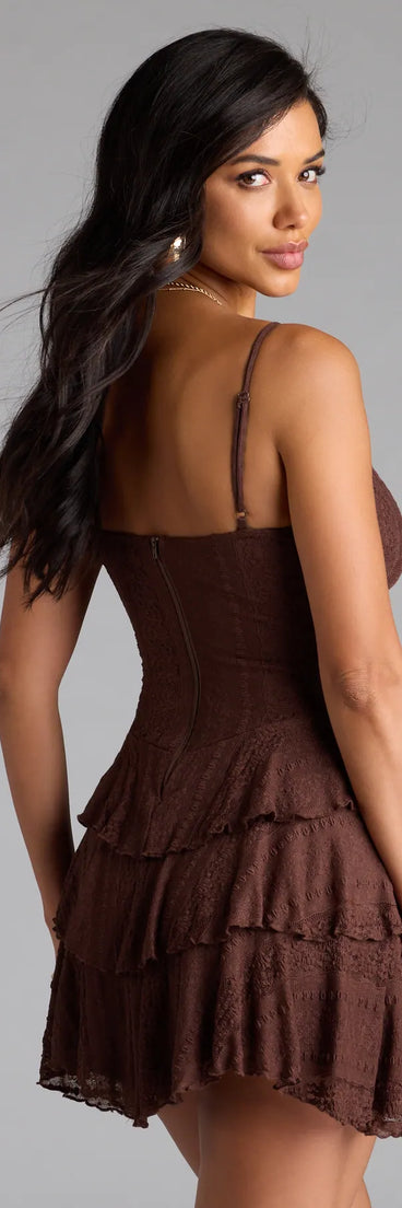 Soak up the season in the Like A Daydream Lace Ruffle Skater Dress, a brown sundress styled for easy days, outdoor plans, and everything in between.