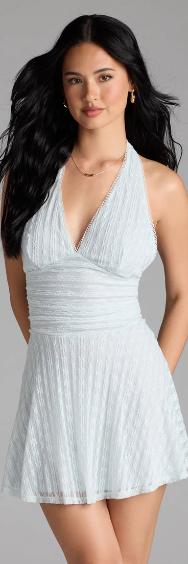 Shine with confidence, elegance, and standout style in the Blissful Darling Halter Lace Skater Mini Dress—a light blue graduation dress designed with a fresh silhouette and the latest trends.