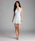 Shine with confidence, elegance, and standout style in the Blissful Darling Halter Lace Skater Mini Dress—a light blue graduation dress designed with a fresh silhouette and the latest trends.