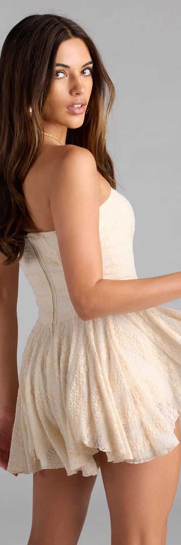 Soak up the season in the Sweet Yet Sultry Lace Skater Mini Dress, a natural sundress styled for easy days, outdoor plans, and everything in between.