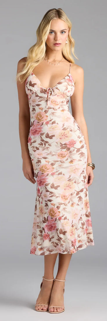 Feel instantly put-together in the Everlasting Bliss Floral Mesh Midi Dress in ivory, a stylish wedding guest dress designed for confident style and all-out celebration.