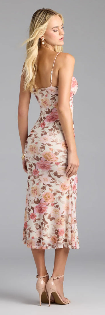 The Everlasting Bliss Floral Mesh Midi Dress in ivory features a flattering fit and mid-calf hem, redefining effortless midi dresses for any occasion.