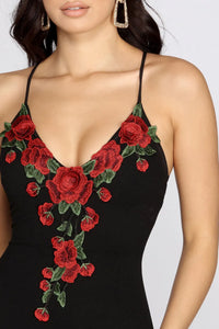 black bodycon dress with red roses Floral Bodycon Dress: Red Roses & Green Leaves on Black