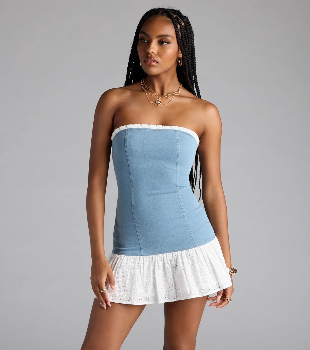 Cutesy Flair Ruffled Denim Mini Dress & Windsor