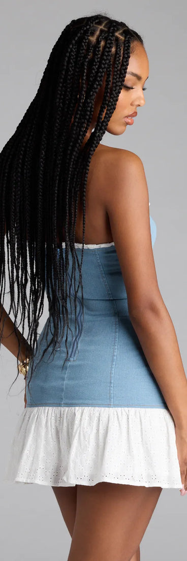 Soak up the season in the Cutesy Flair Ruffled Denim Mini Dress, a denim blue sundress styled for easy days, outdoor plans, and everything in between.