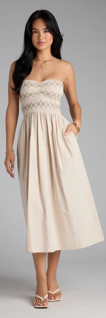 The Effortless Days A-Line Midi Tube Dress in beige features a flattering fit and mid-calf hem, redefining effortless midi dresses for any occasion.