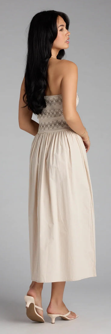 The Effortless Days A-Line Midi Tube Dress in beige features a flattering fit and mid-calf hem, redefining effortless midi dresses for any occasion.