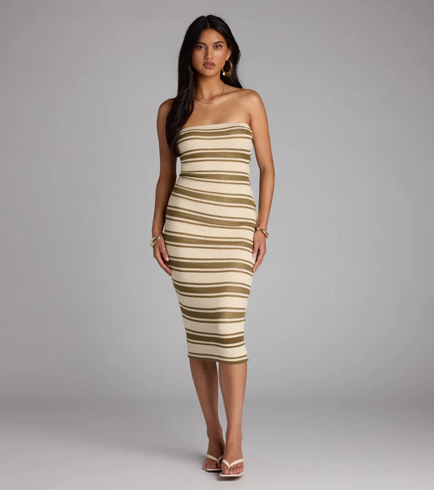 The Own The Room Striped Knit Midi Tube Dress in natural features a flattering fit and mid-calf hem, redefining effortless midi dresses for any occasion.