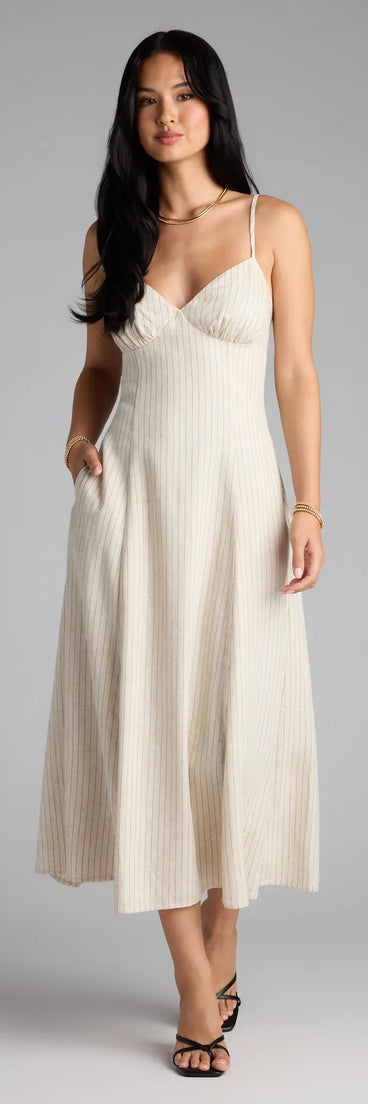 The Chic Twist Tie-Back Striped Midi Dress in ivory features a flattering fit and mid-calf hem, redefining effortless midi dresses for any occasion.