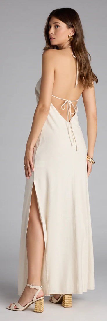 Style your seasonal looks with the Coastal Chic Linen Halter Maxi Dress, a trend-right, natural fall dress designed for any plan on your calendar with new and unqiue details.