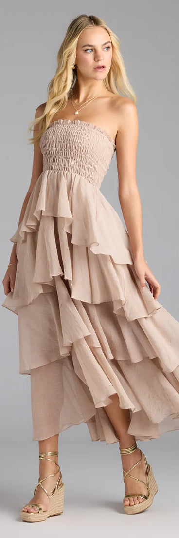 Feel instantly put-together in the Breezy As Can Be Strapless Ruffled Midi Dress in natural, a stylish wedding guest dress designed for confident style and all-out celebration.