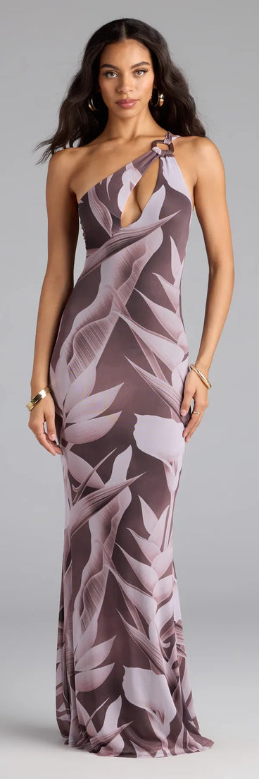 Step into summer looking effortlessly chic in the Vacay Mode Tropical Print One-Shoulder Maxi Dress in taupe, a must-have Windsor dress for your warm-weather wardrobe.