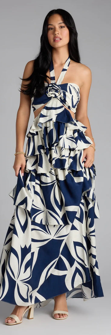 Bold And Beautiful Rosette Halter Cutout Maxi Dress