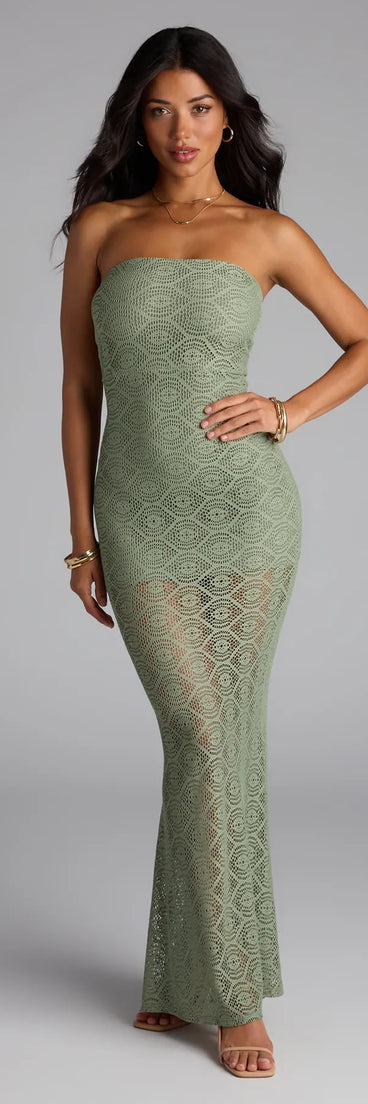 Soak up the season in the Wanting More Strapless Lace Knit Maxi Dress, a olive green sundress styled for easy days, outdoor plans, and everything in between.