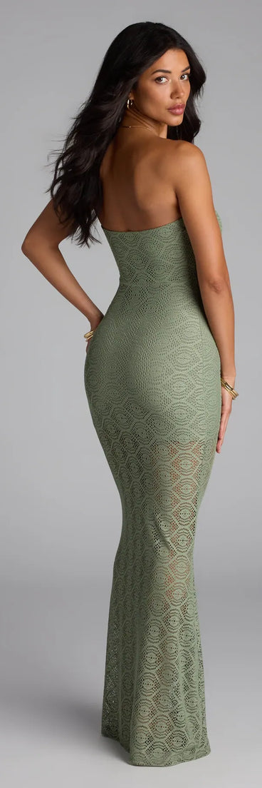Soak up the season in the Wanting More Strapless Lace Knit Maxi Dress, a olive green sundress styled for easy days, outdoor plans, and everything in between.