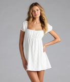 Shine with confidence, elegance, and standout style in the Definitely Darling Tie Back Babydoll Mini Dress—a white graduation dress designed with a fresh silhouette and the latest trends.