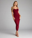 The Heartbreaker Hourglass Midi Dress in wine features a flattering fit and mid-calf hem, redefining effortless midi dresses for any occasion.