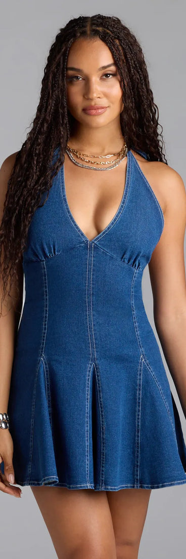 Best For Last Halter A-Line Denim Mini Dress | Windsor Best For Last Halter A-Line Denim Mini Dress | Windsor