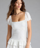 Shine with confidence, elegance, and standout style in the Charming Look Puff Sleeve Ruffled Skater Dress—a white graduation dress designed with a fresh silhouette and the latest trends.