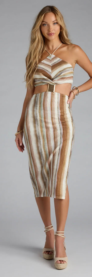 The Meet Your Match Striped Lace-Up Midi Dress in natural features a flattering fit and mid-calf hem, redefining effortless midi dresses for any occasion.