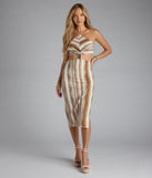 The Meet Your Match Striped Lace-Up Midi Dress in natural features a flattering fit and mid-calf hem, redefining effortless midi dresses for any occasion.