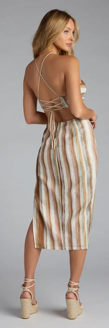 The Meet Your Match Striped Lace-Up Midi Dress in natural features a flattering fit and mid-calf hem, redefining effortless midi dresses for any occasion.