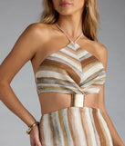 The Meet Your Match Striped Lace-Up Midi Dress in natural features a flattering fit and mid-calf hem, redefining effortless midi dresses for any occasion.
