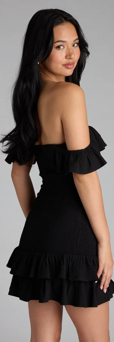 Style your seasonal looks with the Definition Of Cute Off-The-Shoulder Mini Dress, a trend-right, black fall dress designed for any plan on your calendar with new and unqiue details.