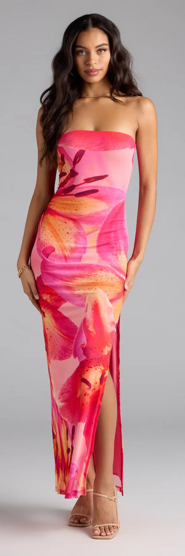 Step into summer looking effortlessly chic in the Island Time Tropical Floral Mesh Maxi Dress in pink, a must-have Windsor dress for your warm-weather wardrobe.