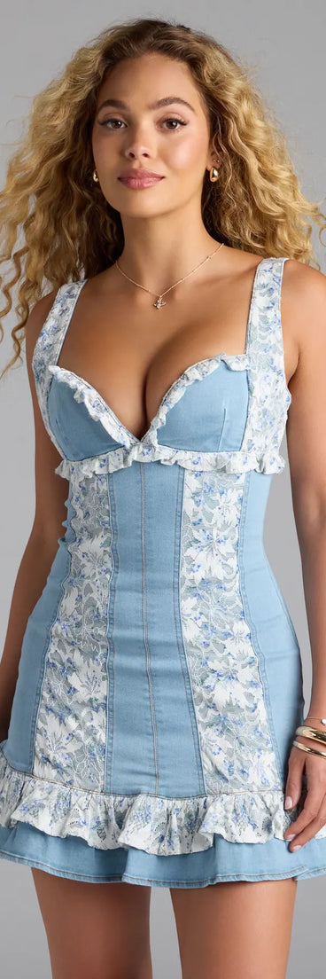 Soak up the season in the Stylish Cutie Denim Lace Trim Mini Dress, a denim blue sundress styled for easy days, outdoor plans, and everything in between.