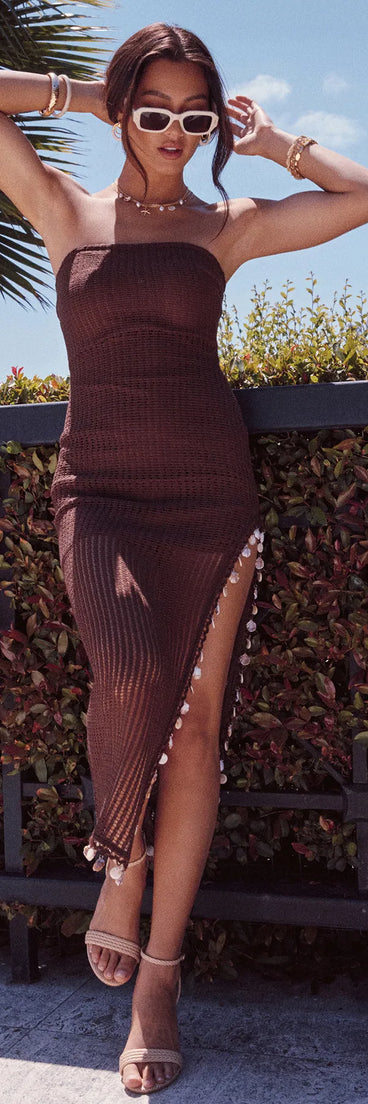 The Dinner By The Sea Tube Crochet Midi Dress in brown features a flattering fit and mid-calf hem, redefining effortless midi dresses for any occasion.