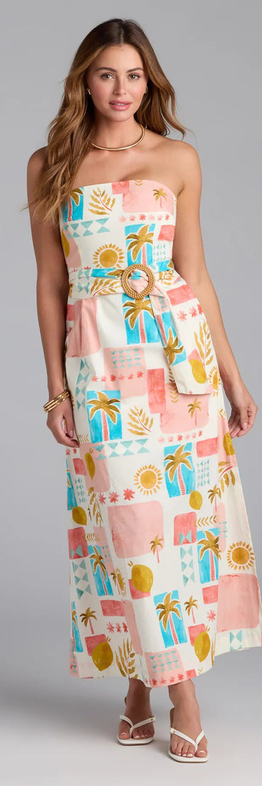 Soak up the season in the Jetset Babe Tropical Print Belted Maxi Dress, a natural sundress styled for easy days, outdoor plans, and everything in between.