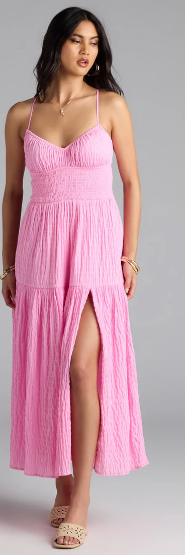 Step into summer looking effortlessly chic in the Breezy Fave High Slit Maxi Dress in pink, a must-have Windsor dress for your warm-weather wardrobe.