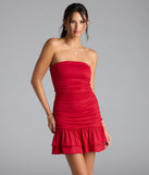 Feel confident and photo-ready in the Here Comes The Sun Strapless Ruffled Mini Dress, a red graduation dress perfect for 2025 ceremonies and parties.