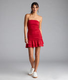 Feel confident and photo-ready in the Here Comes The Sun Strapless Ruffled Mini Dress, a red graduation dress perfect for 2025 ceremonies and parties.