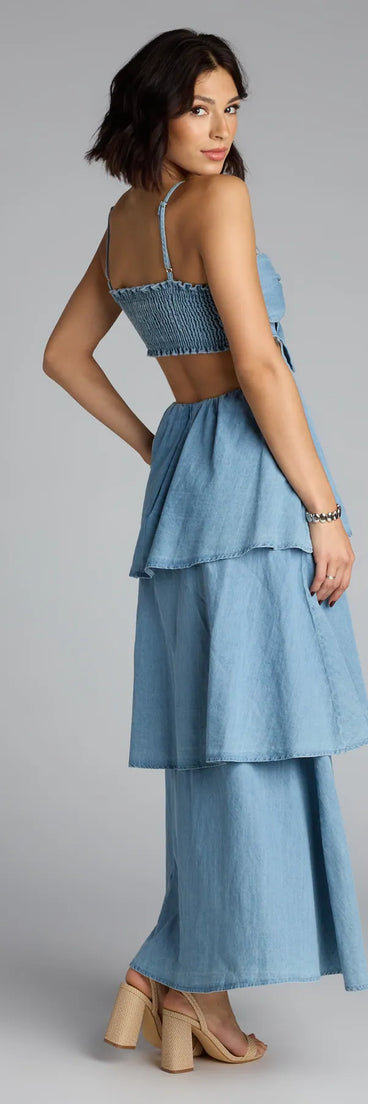 Style your seasonal looks with the Ruffle Realness Denim Cutout Maxi Dress, a trend-right, denim blue fall dress designed for any plan on your calendar with new and unqiue details.
