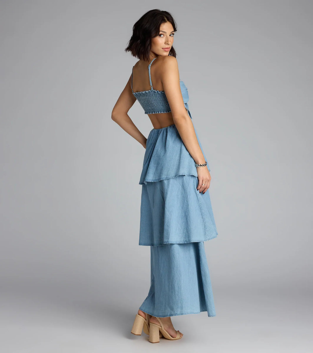 Denim Cut Out Dress Blue Denim Cut Out Denim Dress WESTERN CUT OUT DENIM DRESS The Denim Cut Out Dress Blue Denim Cut Out Denim Dress WESTERN CUT OUT DENIM DRESS The