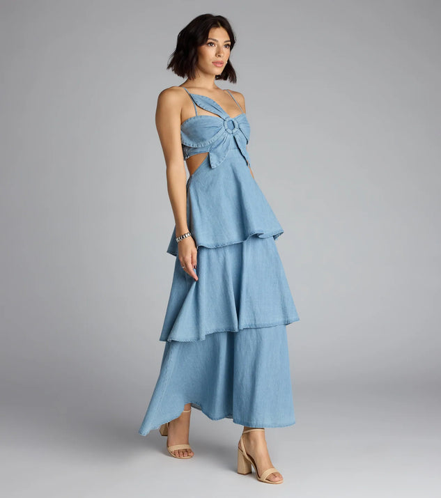 denim ruffle maxi dress Stretch Denim Ruffle Dress medium