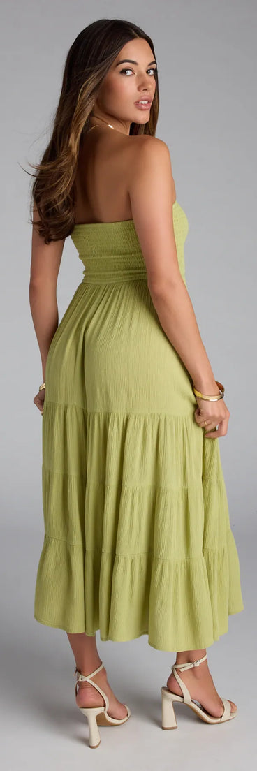 The Breezy Summer Strapless Tiered Midi Dress in green features a flattering fit and mid-calf hem, redefining effortless midi dresses for any occasion.