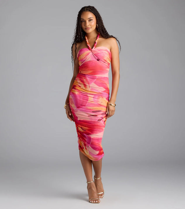 Feel instantly put-together in the Captivated In Floral Halter Bodycon Midi Dress in pink, a summer wedding guest dress designed for confident style and all-out celebration.