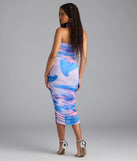 Own the evening in the Captivated In Floral Halter Bodycon Midi Dress in blue, a summer cocktail dress perfect for rooftop parties and stylish soirées.