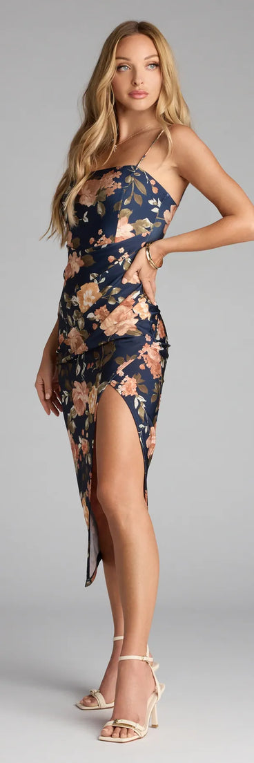 The Flirt Alert Floral Slit Midi Dress is your new go-to navy blue dress—effortless, versatile, and made to update your fall style in seconds.