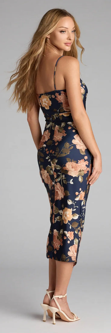 The Flirt Alert Floral Slit Midi Dress in navy blue features a flattering fit and mid-calf hem, redefining effortless midi dresses for any occasion.