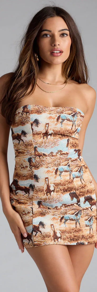 Style your seasonal looks with the Western Style Horse Tapestry Mini Dress, a trend-right, multi-color fall dress designed for any plan on your calendar with new and unqiue details.