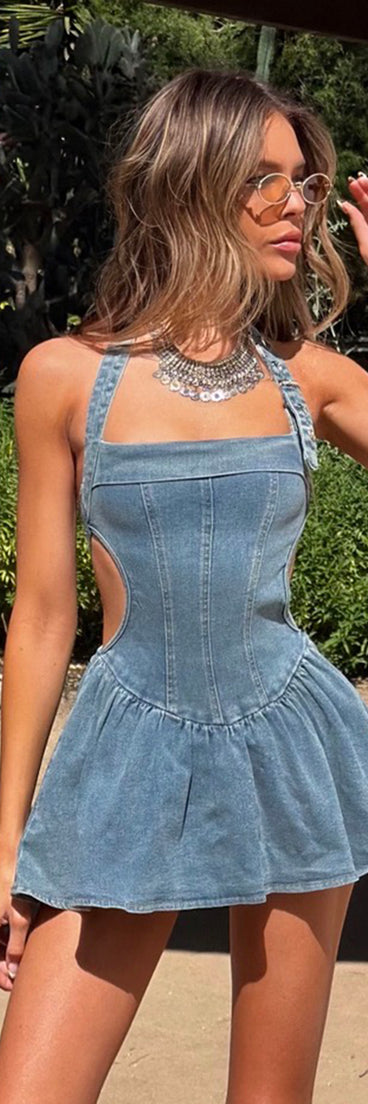 Blue Crush Denim Halter Skater Dress | Windsor Blue Crush Denim Halter Skater Dress | Windsor