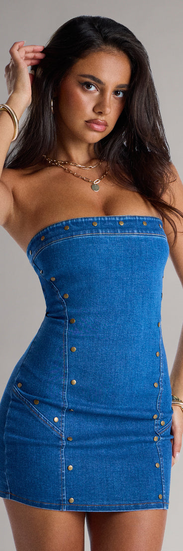 The Party Starter Studded Denim Mini Tube Dress is your new go-to Windsor dress—effortless, versatile, and made to update your fall style in seconds.