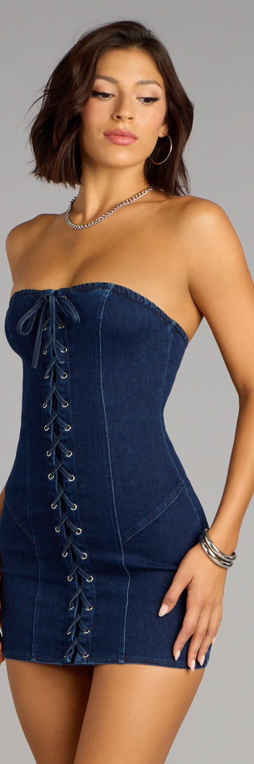 The Untamed Denim Strapless Mini Dress is your new go-to Windsor dress—effortless, versatile, and made to update your fall style in seconds.