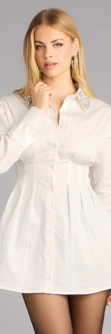 Prep School Princess Rhinestone Collar Shirt Dress